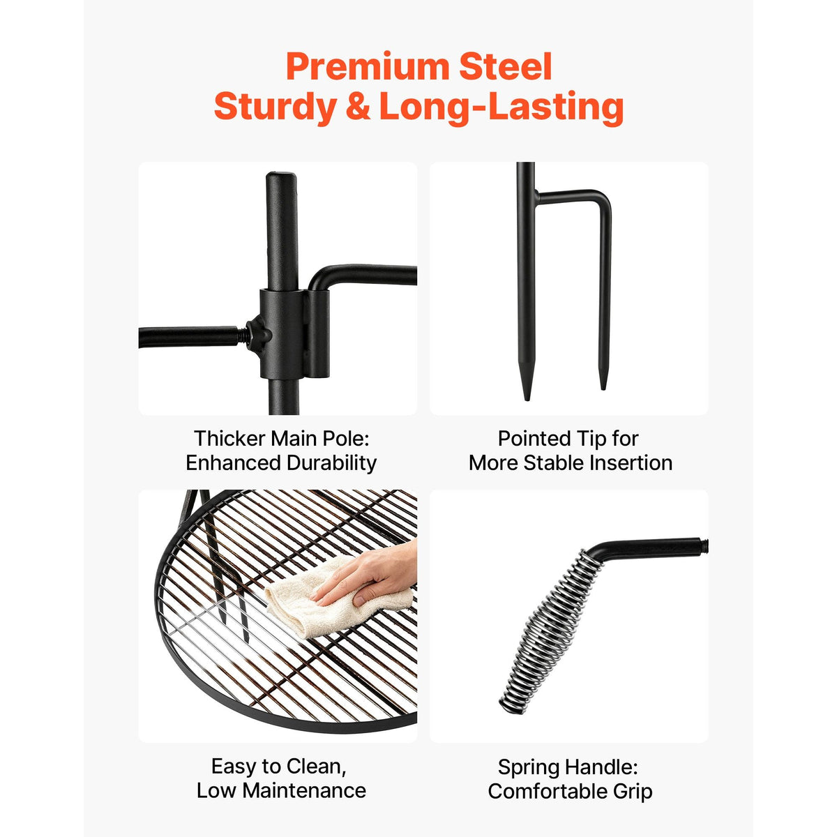 Heavy Duty Swivel Campfire Grill, 24.4" Round Portable Camping Grill Grate, Sturdy Steel BBQ Mesh, 360° Height Adjustable Over Fire Pit with Support Rod, for Outdoor Open Flame Cooking, Black