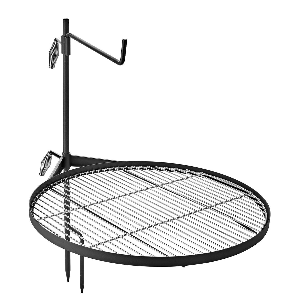 Heavy Duty Swivel Campfire Grill, 24.4" Round Portable Camping Grill Grate, Sturdy Steel BBQ Mesh, 360° Height Adjustable Over Fire Pit with Support Rod, for Outdoor Open Flame Cooking, Black