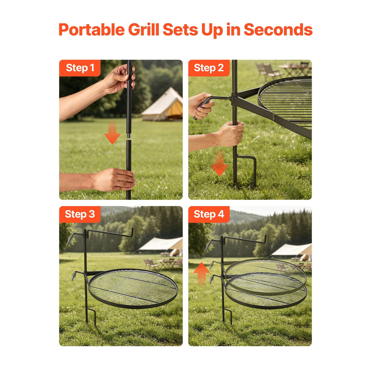 Heavy Duty Swivel Campfire Grill, 24.4" Round Portable Camping Grill Grate, Sturdy Steel BBQ Mesh, 360° Height Adjustable Over Fire Pit with Support Rod, for Outdoor Open Flame Cooking, Black