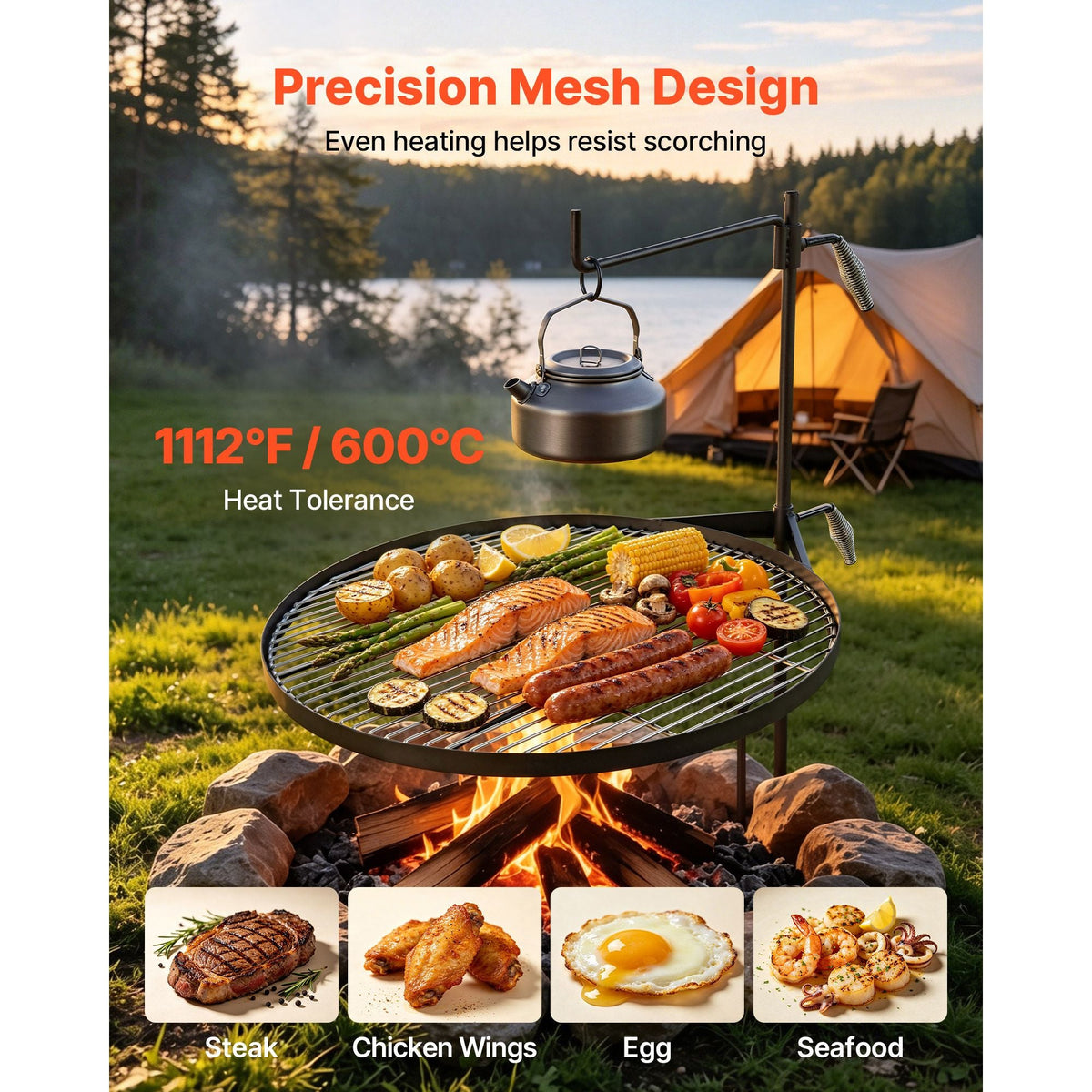 Heavy Duty Swivel Campfire Grill, 24.4" Round Portable Camping Grill Grate, Sturdy Steel BBQ Mesh, 360° Height Adjustable Over Fire Pit with Support Rod, for Outdoor Open Flame Cooking, Black