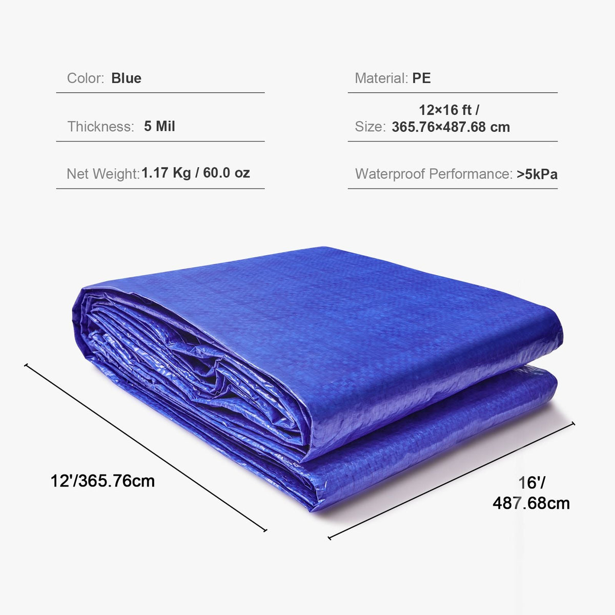 Heavy Duty Tarp Waterproof 12x16 ft, Plastic Poly Tarp Cover 5 Mil, Multi Purpose Outdoor Tarpaulin with High Durability Reinforced Grommets and Edges for Truck, RV, Boat, Camping (Blue)