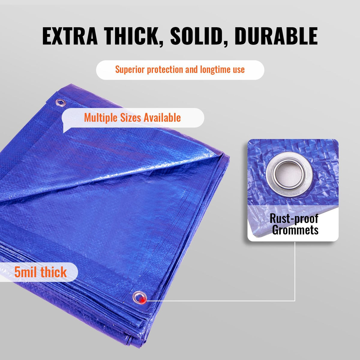 Heavy Duty Tarp Waterproof 12x16 ft, Plastic Poly Tarp Cover 5 Mil, Multi Purpose Outdoor Tarpaulin with High Durability Reinforced Grommets and Edges for Truck, RV, Boat, Camping (Blue)