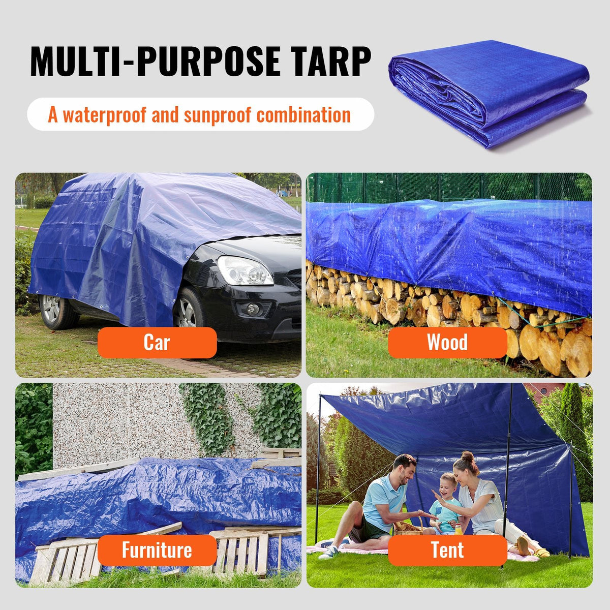 Heavy Duty Tarp Waterproof 12x16 ft, Plastic Poly Tarp Cover 5 Mil, Multi Purpose Outdoor Tarpaulin with High Durability Reinforced Grommets and Edges for Truck, RV, Boat, Camping (Blue)