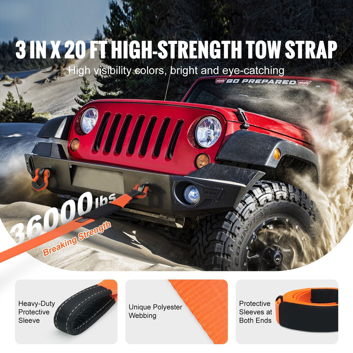 Heavy Duty Tow Strap Recovery Kit 3" x 20 ft (MBS-36,000 lbs) Tree Saver Winch Strap, Triple Reinforced Loop & Protective Sleeves & Storage Bag , 3/4" D-Ring Shackles, for Truck Jeep SUV ATV