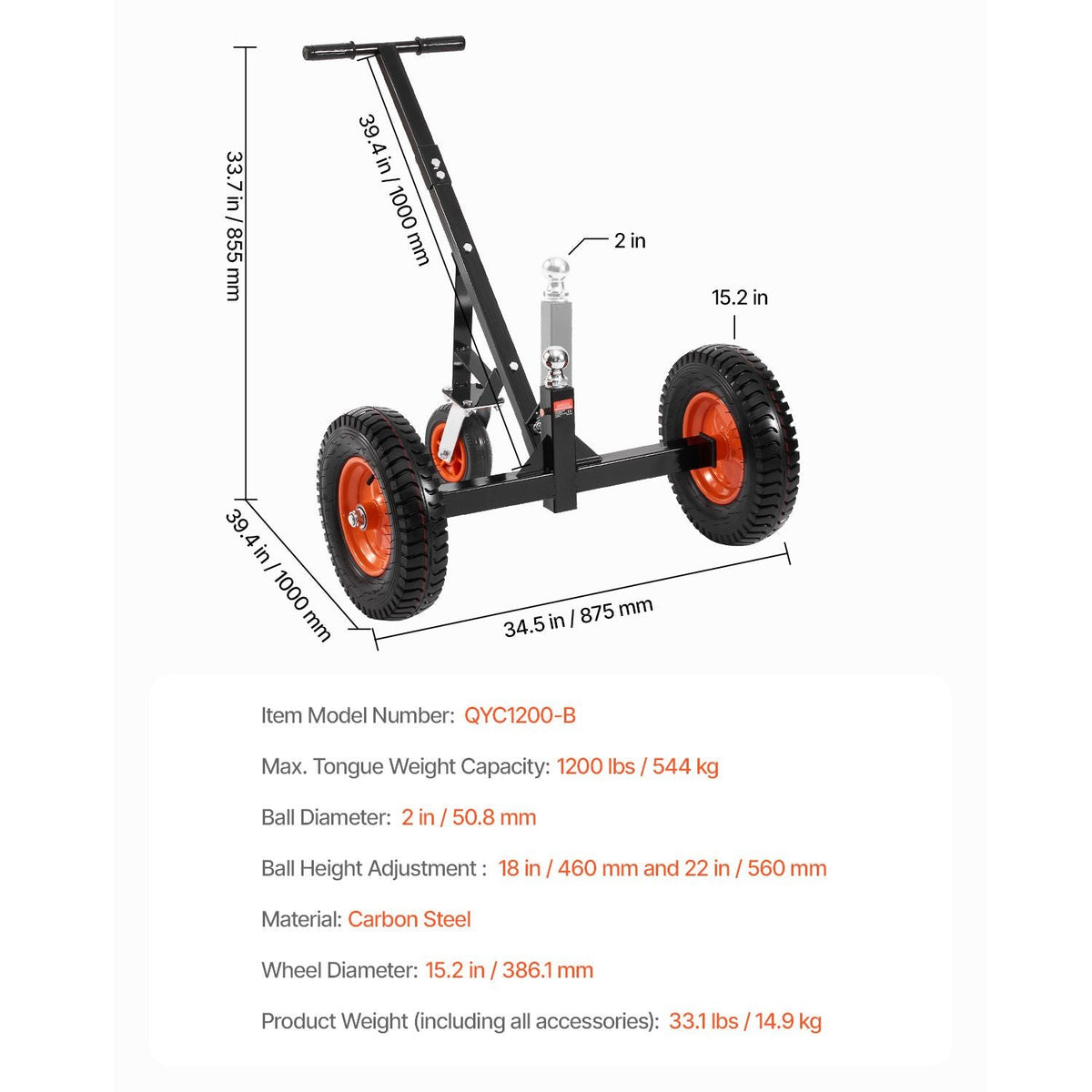 Heavy-Duty Trailer Dolly, 1200lbs Tongue Weight Capacity, Carbon Steel Trailer Mover with 2 inch Ball, 15.2 inch Pneumatic Tires, Portable Tow Dolly for Moving RV Trailer