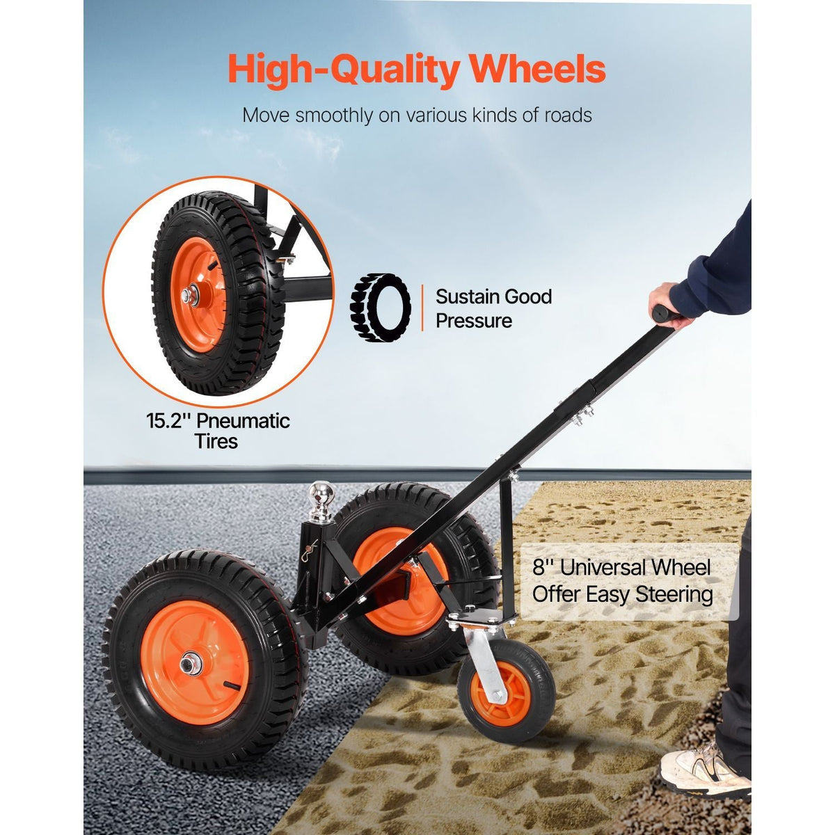 Heavy-Duty Trailer Dolly, 1200lbs Tongue Weight Capacity, Carbon Steel Trailer Mover with 2 inch Ball, 15.2 inch Pneumatic Tires, Portable Tow Dolly for Moving RV Trailer