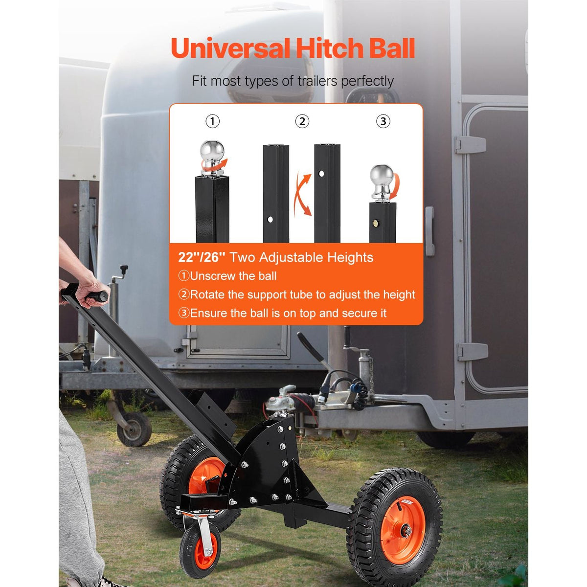 Heavy-Duty Trailer Dolly, 1500lbs Tongue Weight Capacity, 2 in 1 Trailer Mover with 2 in Ball, 16 in Pneumatic Tires and Universal Wheel, Portable Tow Dolly for Moving Car RV Trailer