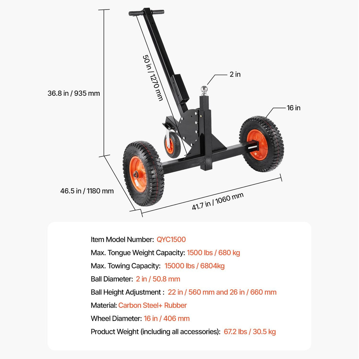 Heavy-Duty Trailer Dolly, 1500lbs Tongue Weight Capacity, 2 in 1 Trailer Mover with 2 in Ball, 16 in Pneumatic Tires and Universal Wheel, Portable Tow Dolly for Moving Car RV Trailer