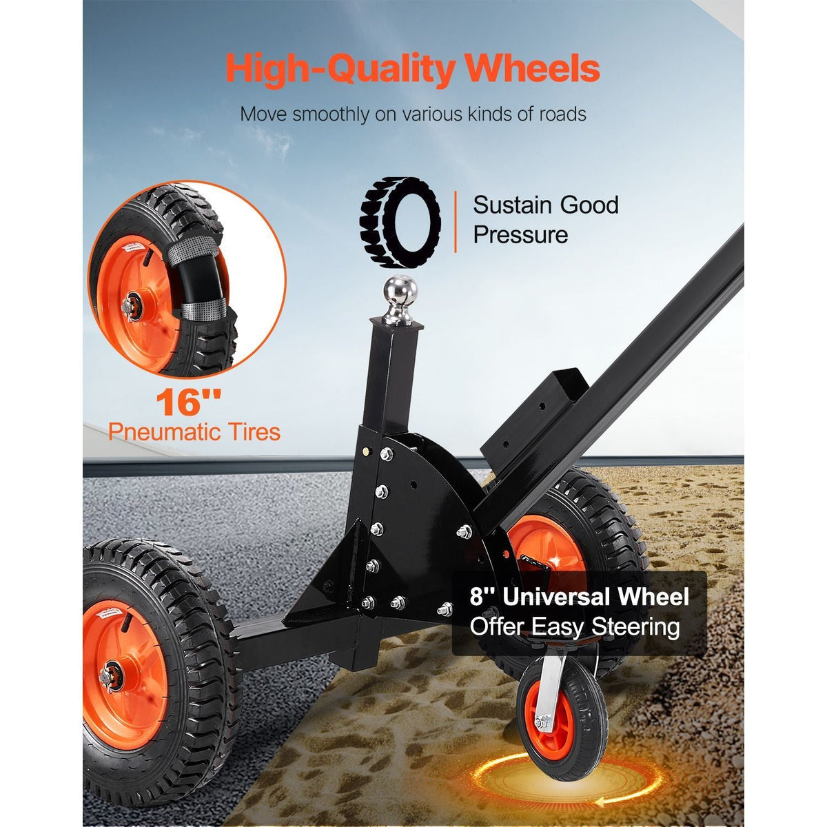 Heavy-Duty Trailer Dolly, 1500lbs Tongue Weight Capacity, 2 in 1 Trailer Mover with 2 in Ball, 16 in Pneumatic Tires and Universal Wheel, Portable Tow Dolly for Moving Car RV Trailer