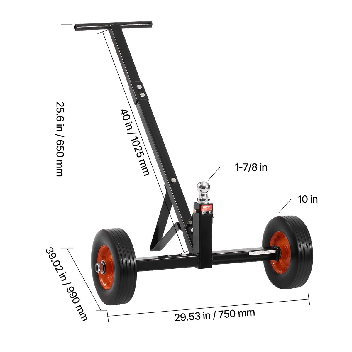 Heavy-Duty Trailer Dolly, 600lbs Tongue Weight Capacity, Carbon Steel Trailer Mover with 1-7/8 in Hitch Ball and 10 in Solid Tires, Portable Tow Dolly for Moving Car RV Boat Trailer