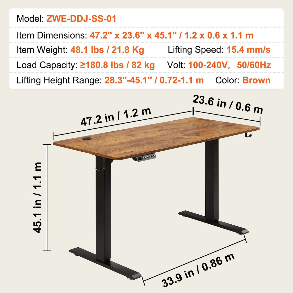 Height Adjustable Desk, 47.2 x 23.6 in, 3-Key Modes Electric Standing Desk, Whole Piece Desk Board, Sturdy Dual Metal Frame, Max. Loading 180 LBS Computer Sit Stand up Desk, for Home and Office