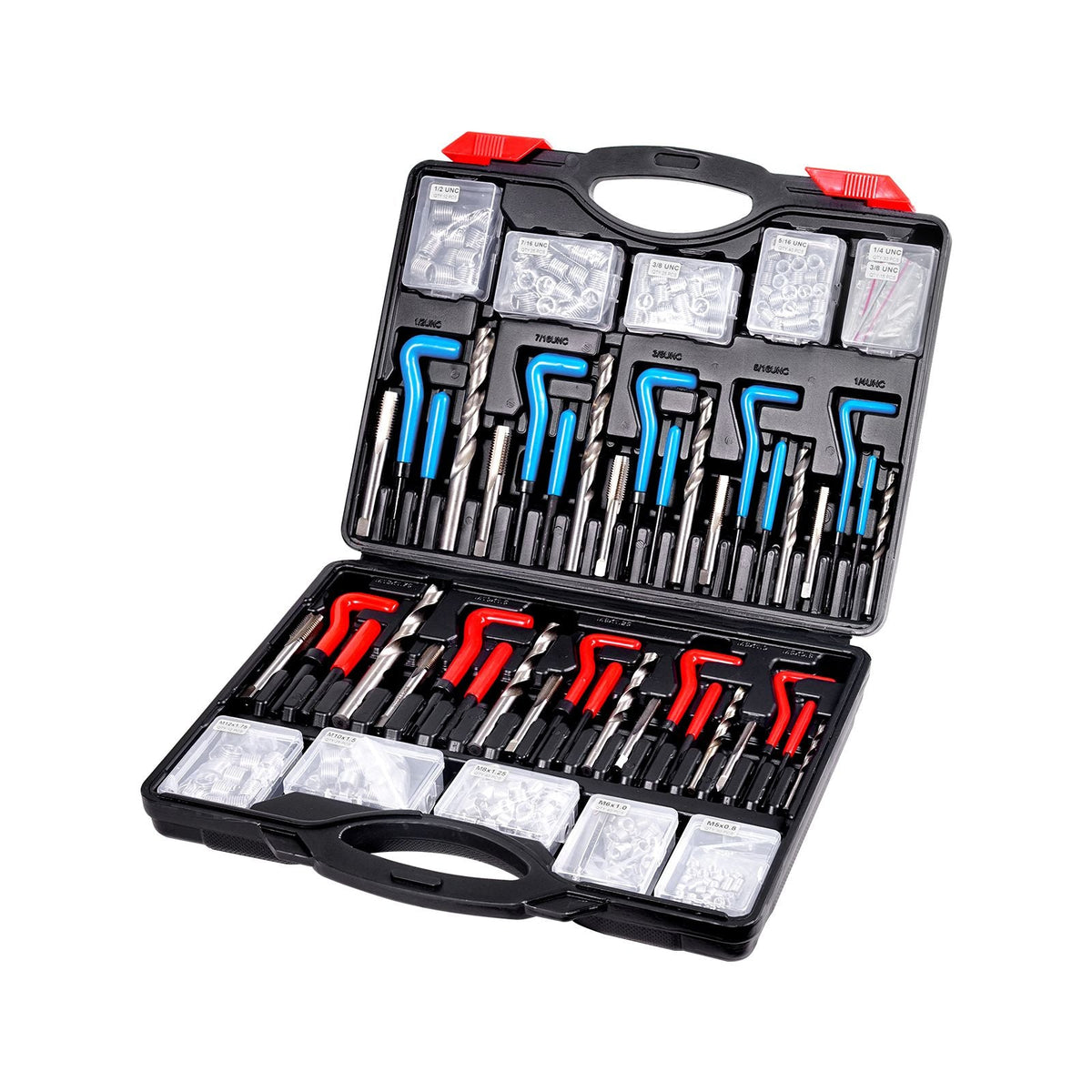 Helicoil Thread Repair Kit, 338-Piece SAE and Metric Rethreading Tool Kit, M5, M6, M8, M10, M12, 1/4", 5/16", 3/8", 7/16", 1/2", HSS Drill Bits Thread Inserts Taps Breakoff Installation Tools