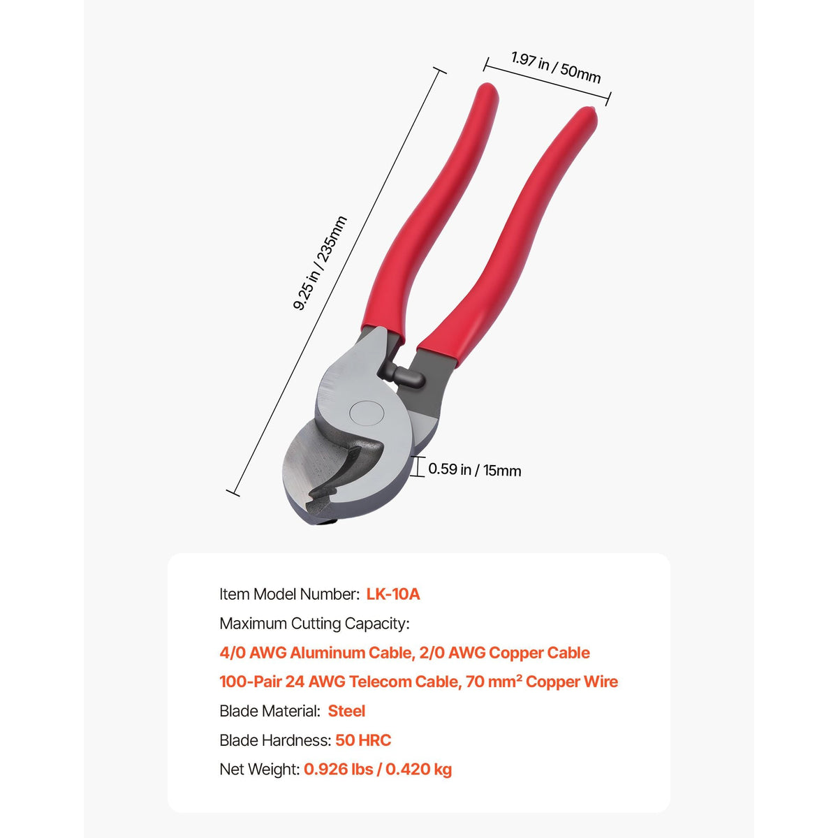 High Leverage Cable Cutter, 9-1/4 in Compact, Forged Blades and PVC-Coated Handles, Heavy Duty Cable Cutting Pliers Tool for 4/0 AWG Aluminum, 2/0 AWG Soft Copper and 100-Pair 24AWG Comm Cables