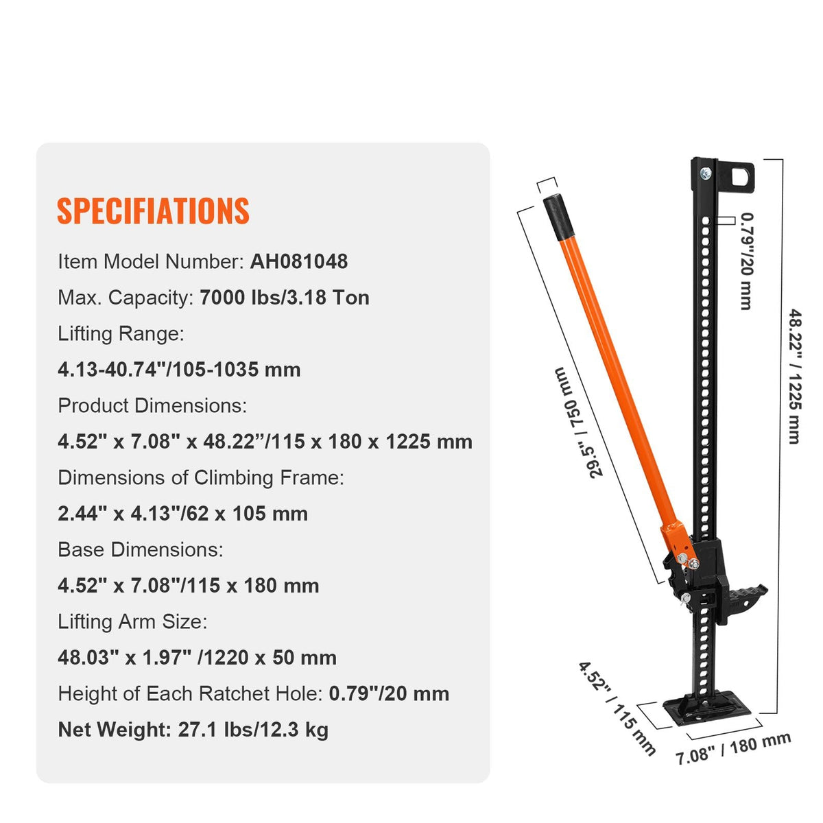 High Lift Farm Jack, 48" Utility Farm Jack, 7000 lbs Capacity Ratcheting Off Road Utility Jack, Heavy-Duty Farm Jack for Tractor, Truck, SUV, Bumper Lift, Orange