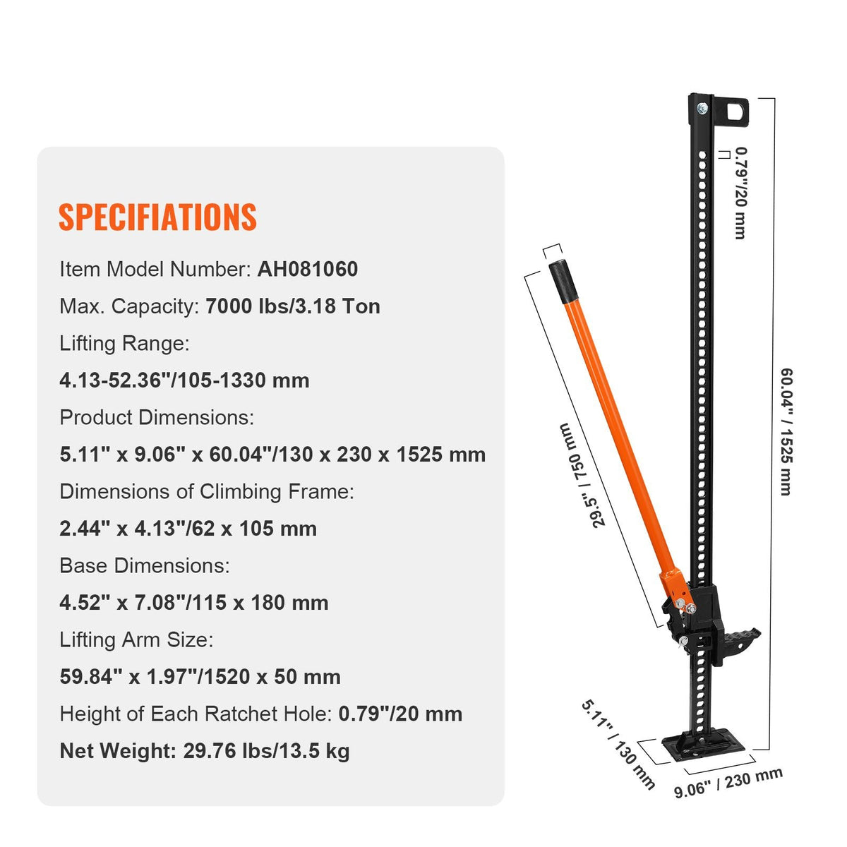 High Lift Farm Jack, 60" Utility Farm Jack, 7000 lbs Capacity Ratcheting Off Road Utility Jack, Heavy-Duty Farm Jack for Tractor, Truck, SUV, Bumper Lift, Orange