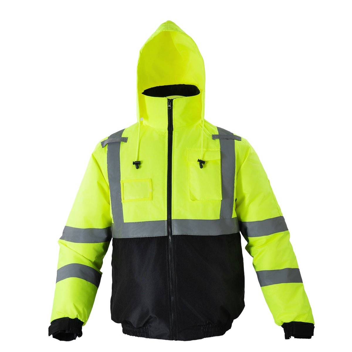High Visibility Reflective Safety Jacket, Waterproof Winter Hoodie, Work Construction Coat with Pockets for Men & Women, Rain Gear Meet ANSI & Class 3, Hi Vis Yellow Coat with Black Bottom, L