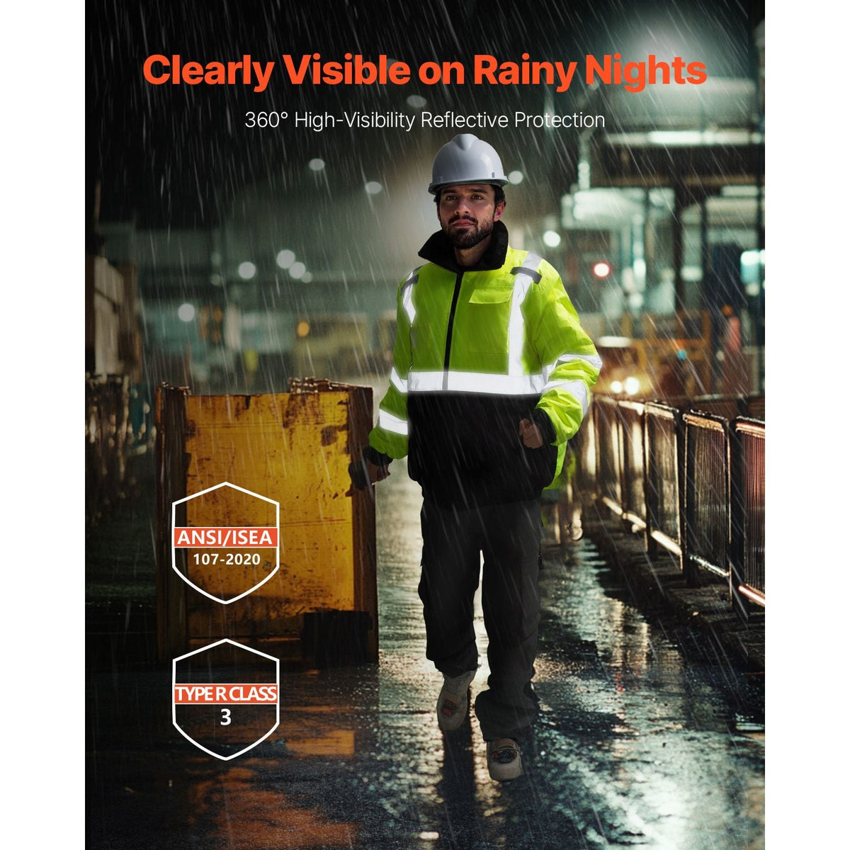 High Visibility Reflective Safety Jacket, Waterproof Winter Hoodie, Work Construction Coat with Pockets for Men & Women, Rain Gear Meet ANSI & Class 3, Hi Vis Yellow Coat with Black Bottom, L