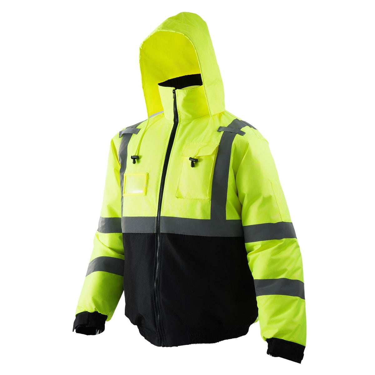 High Visibility Reflective Safety Jacket, Waterproof Winter Hoodie, Work Construction Coat with Pockets for Men & Women, Rain Gear Meet ANSI & Class 3, Hi Vis Yellow Coat with Black Bottom, L