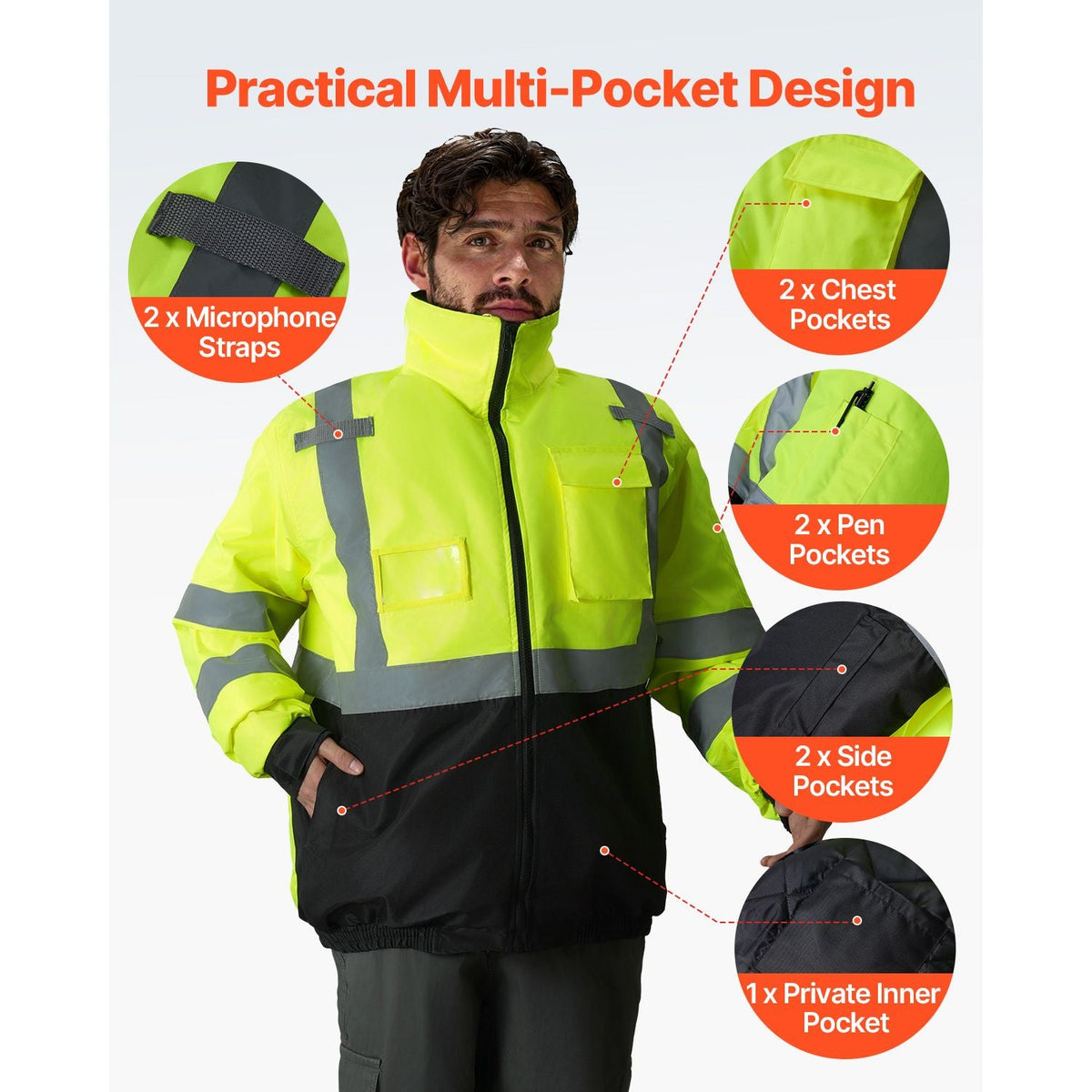 High Visibility Reflective Safety Jacket, Waterproof Winter Hoodie, Work Construction Coat with Pockets for Men & Women, Rain Gear Meet ANSI & Class 3, Hi Vis Yellow Coat with Black Bottom, L