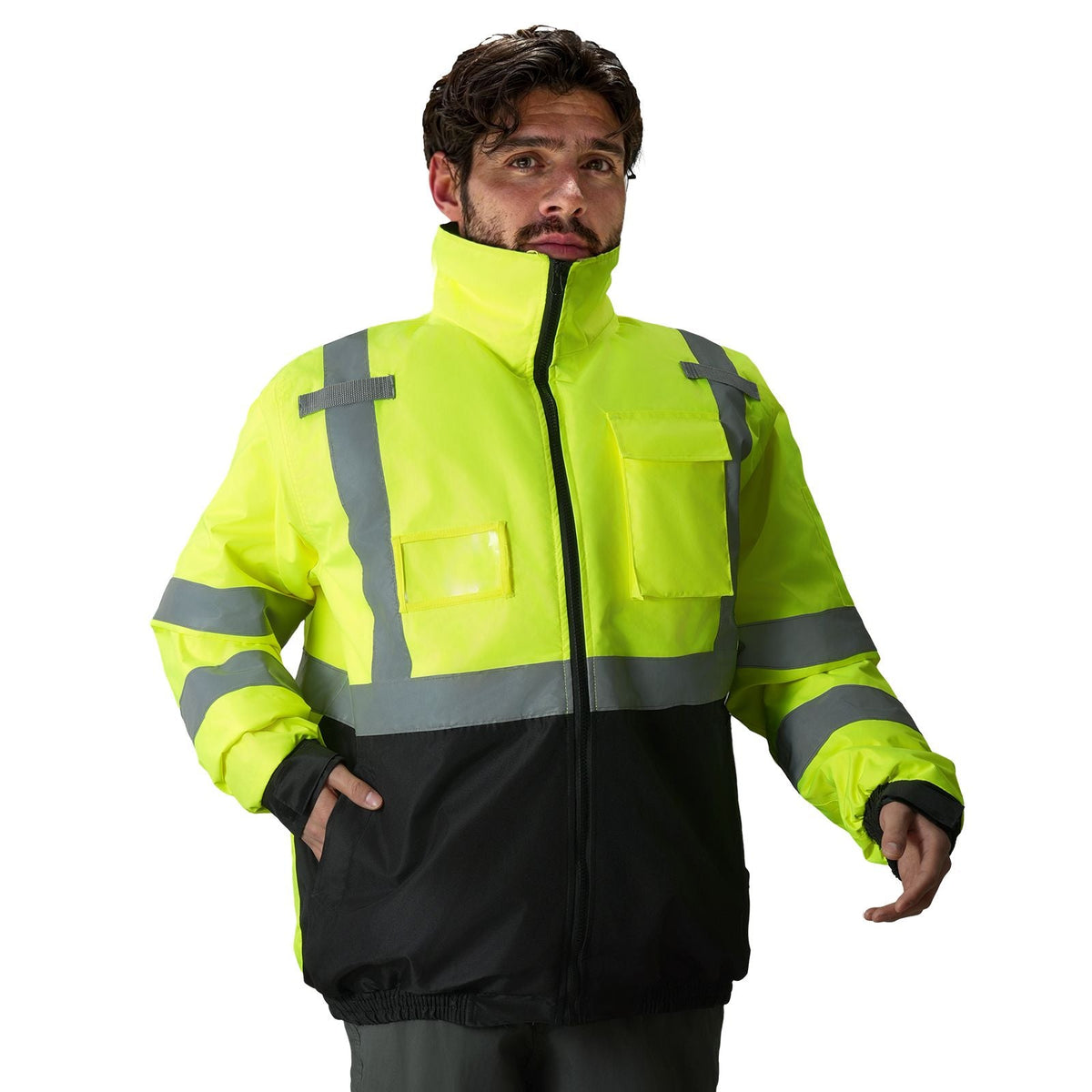 High Visibility Reflective Safety Jacket, Waterproof Winter Hoodie, Work Construction Coat with Pockets for Men & Women, Rain Gear Meet ANSI & Class 3, Hi Vis Yellow Coat with Black Bottom, L