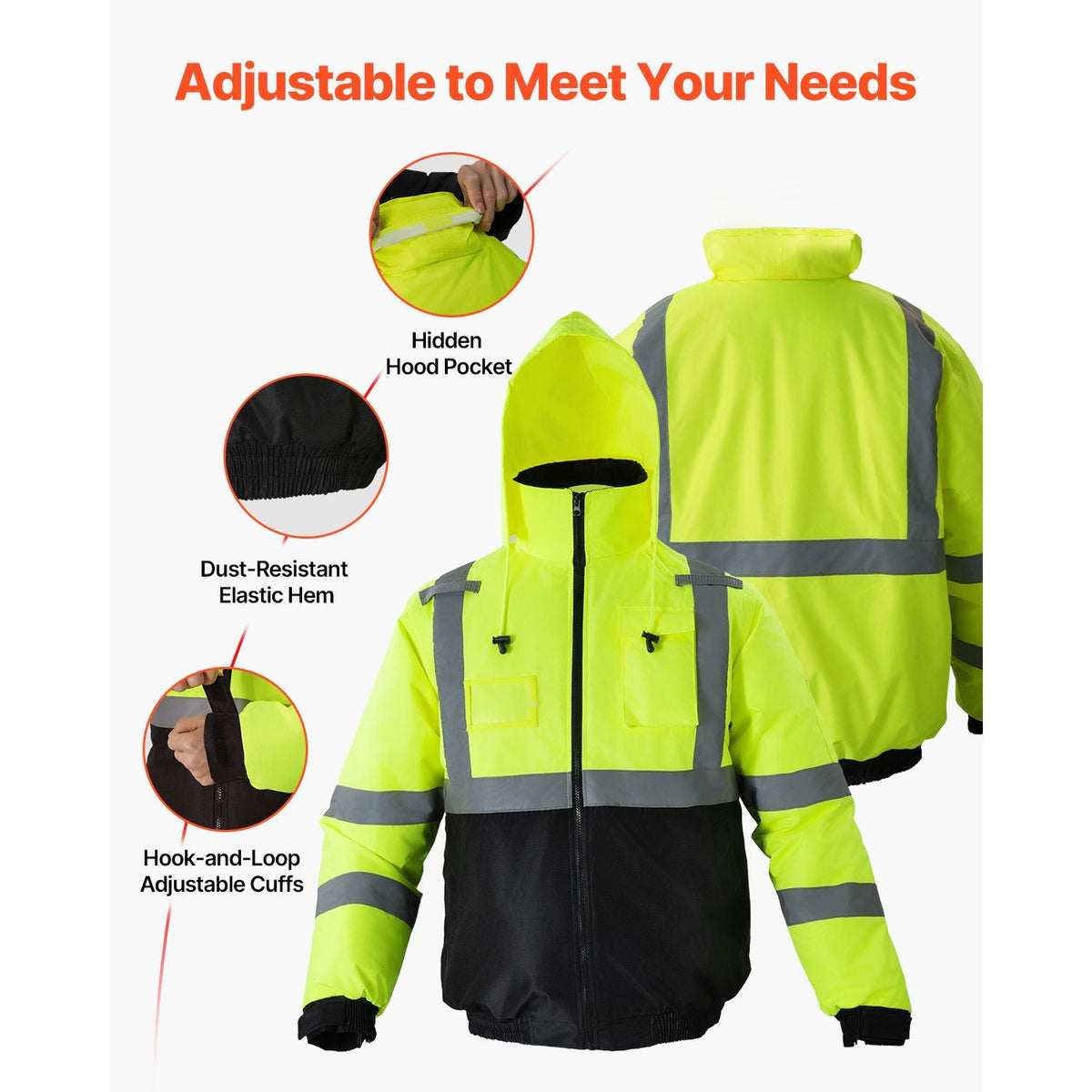 High Visibility Reflective Safety Jacket, Waterproof Winter Hoodie, Work Construction Coat with Pockets for Men & Women, Rain Gear Meet ANSI & Class 3, Hi Vis Yellow Coat with Black Bottom, L