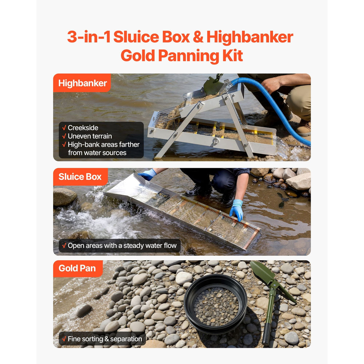 Highbanker Gold Panning Kit, 50" 3-in-1 Folding High Banker Gold Sluice Box, 26 PCS Portable Mining Equipment Prospecting Kit with Gold Pans, Classifier Screen, Magnet, Backpack, and Accessories