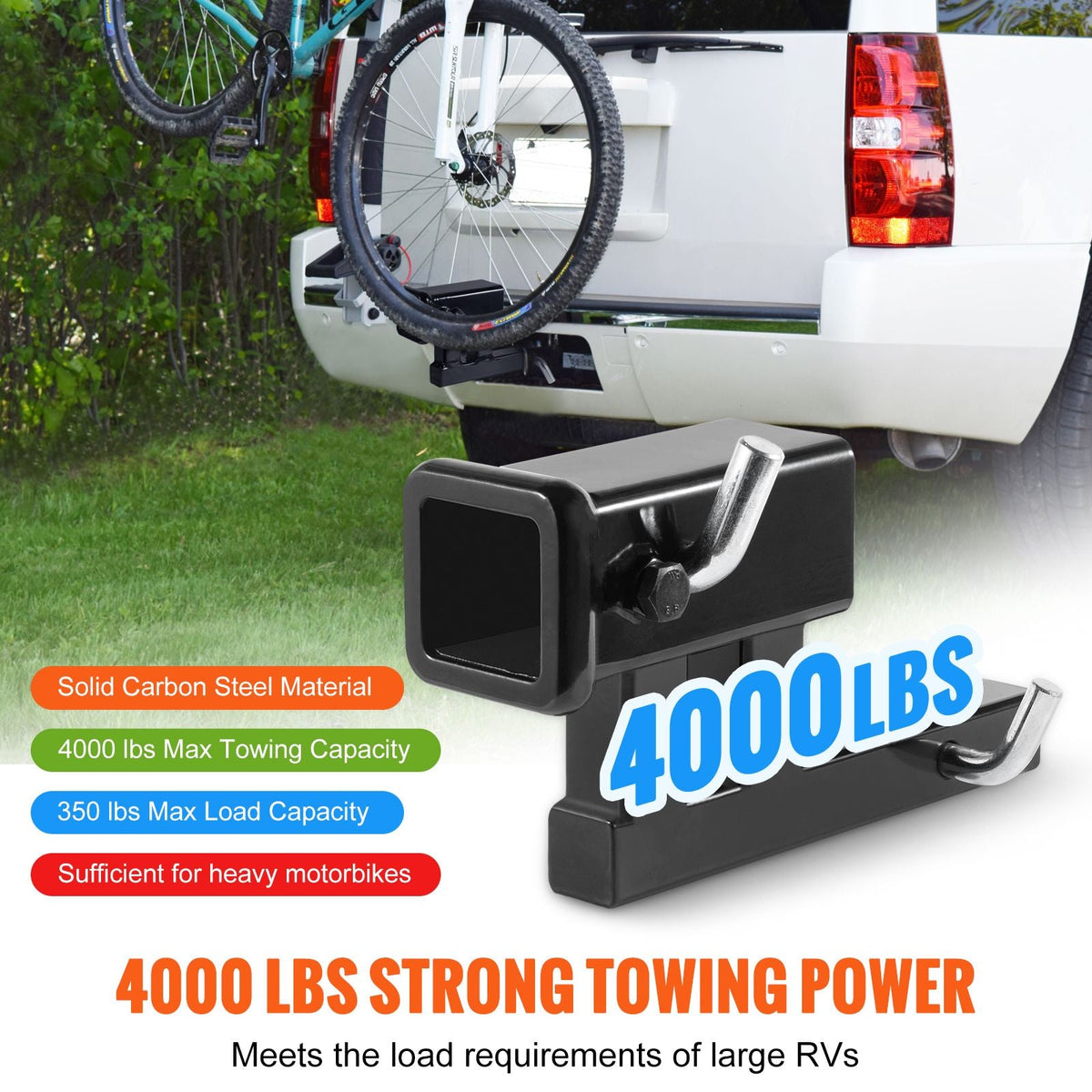 Hitch Adapter, 1-1/4" to 2" Receiver Hitch Extender Extension, Trailer Hitch Riser with 4" Rise/Drop, 6-1/2" Extension Length, 4000 lbs Towing Capacity, Hitch Pins, Bolt and Nut Included, Black