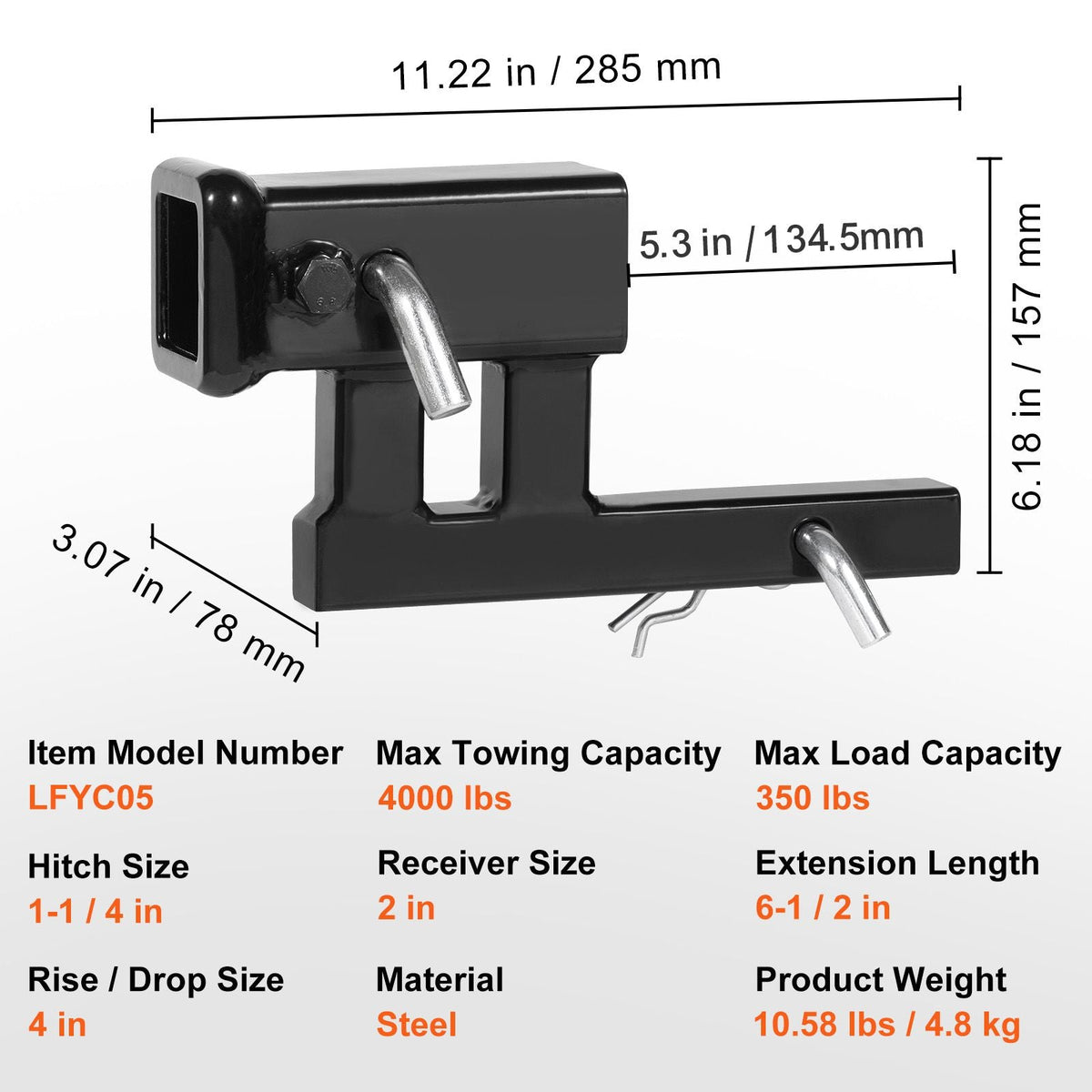 Hitch Adapter, 1-1/4" to 2" Receiver Hitch Extender Extension, Trailer Hitch Riser with 4" Rise/Drop, 6-1/2" Extension Length, 4000 lbs Towing Capacity, Hitch Pins, Bolt and Nut Included, Black