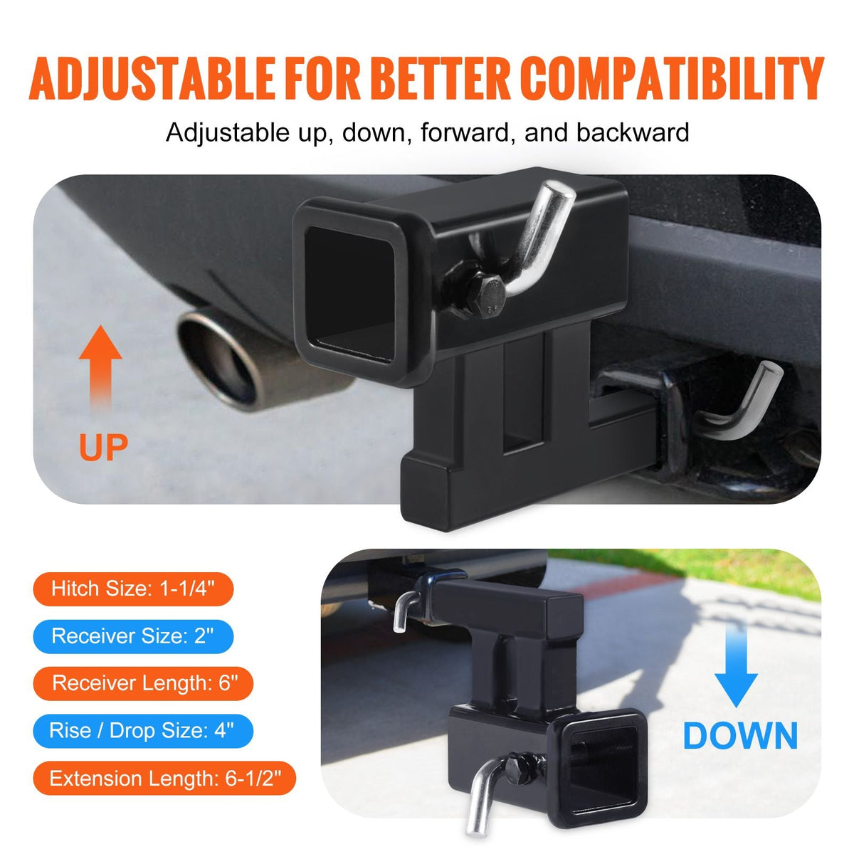 Hitch Adapter, 1-1/4" to 2" Receiver Hitch Extender Extension, Trailer Hitch Riser with 4" Rise/Drop, 6-1/2" Extension Length, 4000 lbs Towing Capacity, Hitch Pins, Bolt and Nut Included, Black