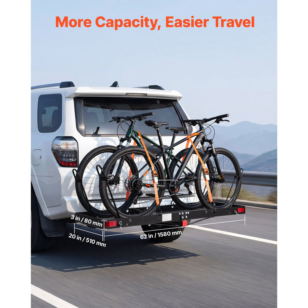 Hitch Cargo Carrier with Bike Racks, 62" x 20" x 3" Hitch Mount Cargo Carrier for 2 Mountain Bikes, 500LBS Capacity High-Strength Steel Rear Luggage Basket Fits 2" Receiver for SUVs Pickups