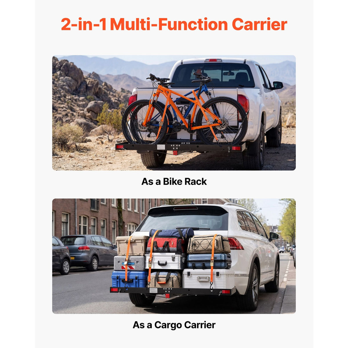 Hitch Cargo Carrier with Bike Racks, 62" x 20" x 3" Hitch Mount Cargo Carrier for 2 Mountain Bikes, 500LBS Capacity High-Strength Steel Rear Luggage Basket Fits 2" Receiver for SUVs Pickups