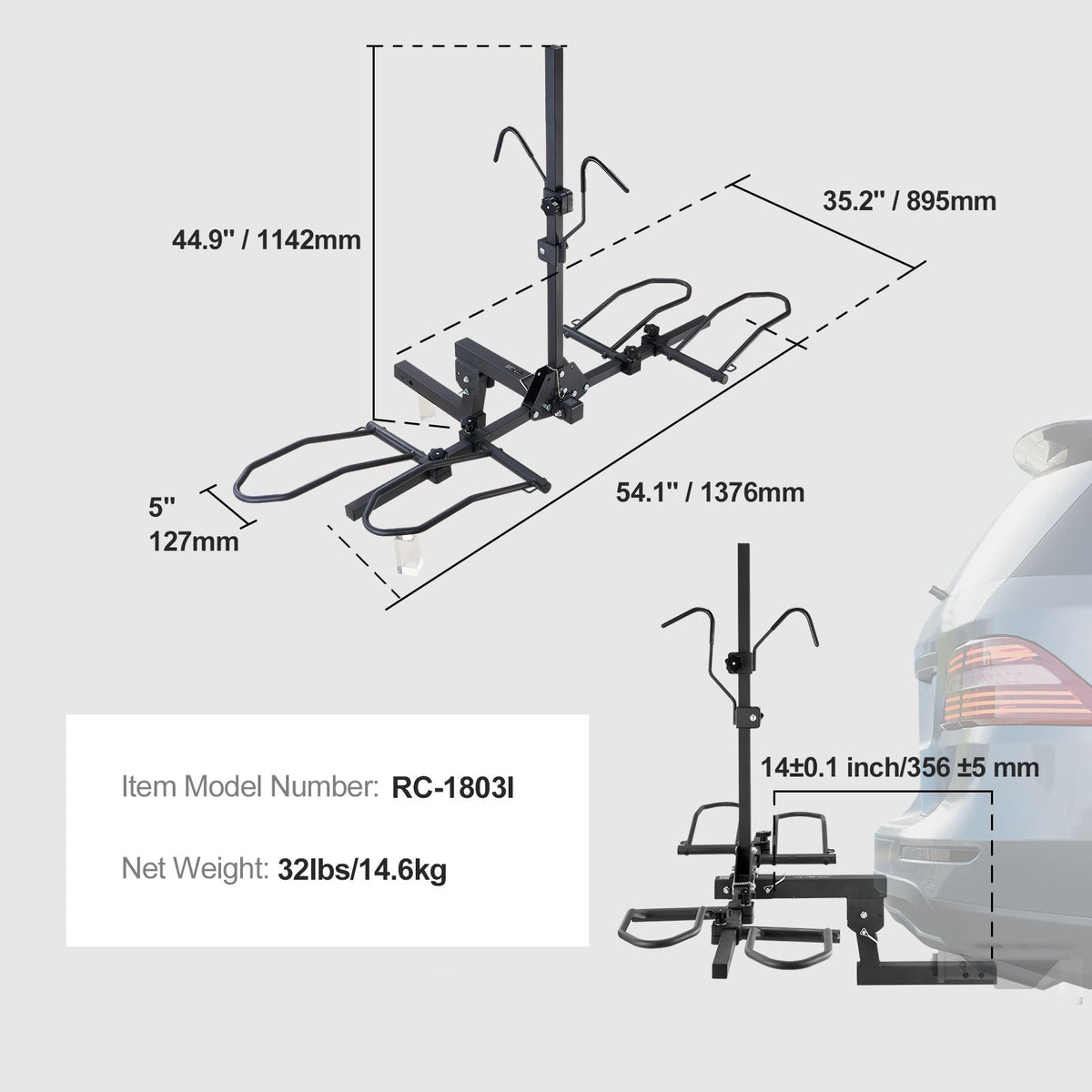 Hitch Mount Bike Rack, 2-Bike Platform Style, 160 LBS Max Capacity Bike Rack Hitch for 2-inch Receiver, Titling and Folding Bike Carrier with Tires up to 5" Wide, for Car, SUV, Truck, RV