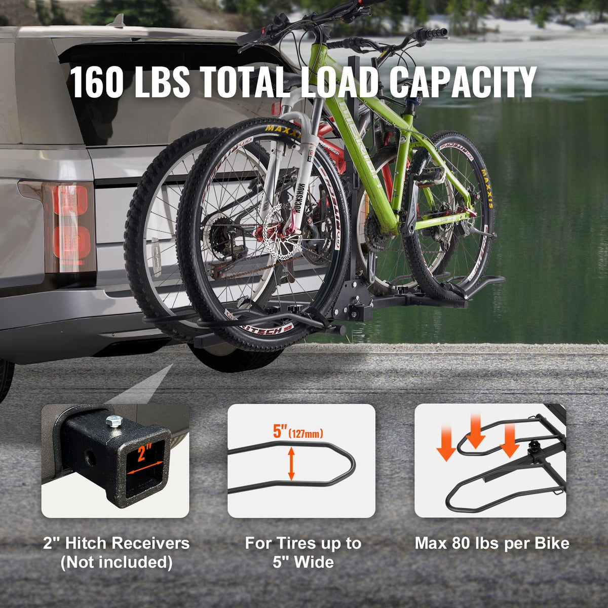 Hitch Mount Bike Rack, 2-Bike Platform Style, 160 LBS Max Capacity Bike Rack Hitch for 2-inch Receiver, Titling and Folding Bike Carrier with Tires up to 5" Wide, for Car, SUV, Truck, RV