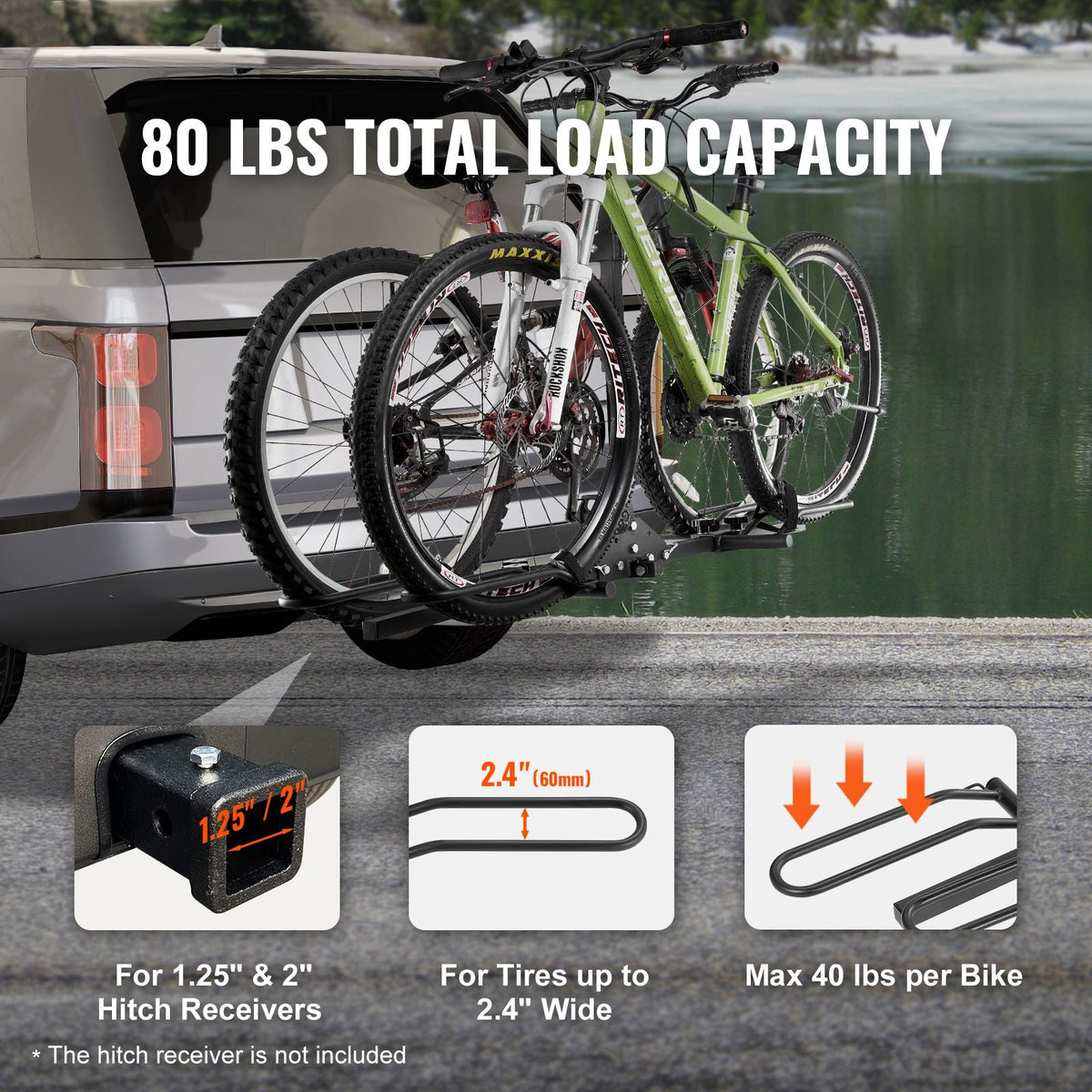 Hitch Mount Bike Rack, 2-Bike Platform Style, 80 LBS Max Capacity Bike Rack Hitch for 1.25-/2-inch Receiver, Titling and Folding Bike Carrier with Tires up to 2.4" Wide, for Car, SUV, Truck, RV