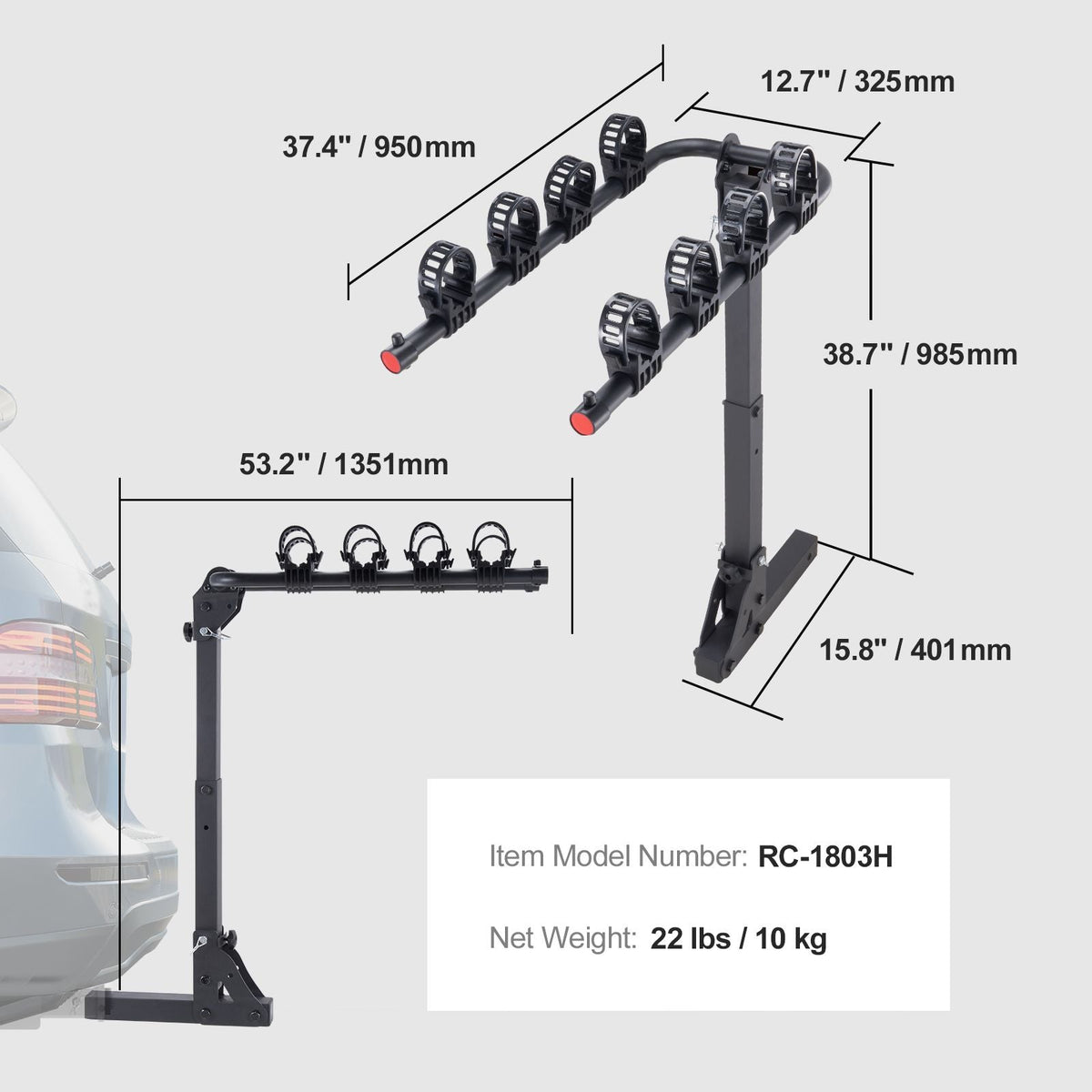 Hitch Mount Bike Rack, 4-Bike Carrier Rack, 150 LBS Capacity Bike Rack Hitch for 2-inch Receiver, Titling and Folding Bike Carrier with No-Wobble U Bolt and Strap, for Car, SUV, Truck, RV