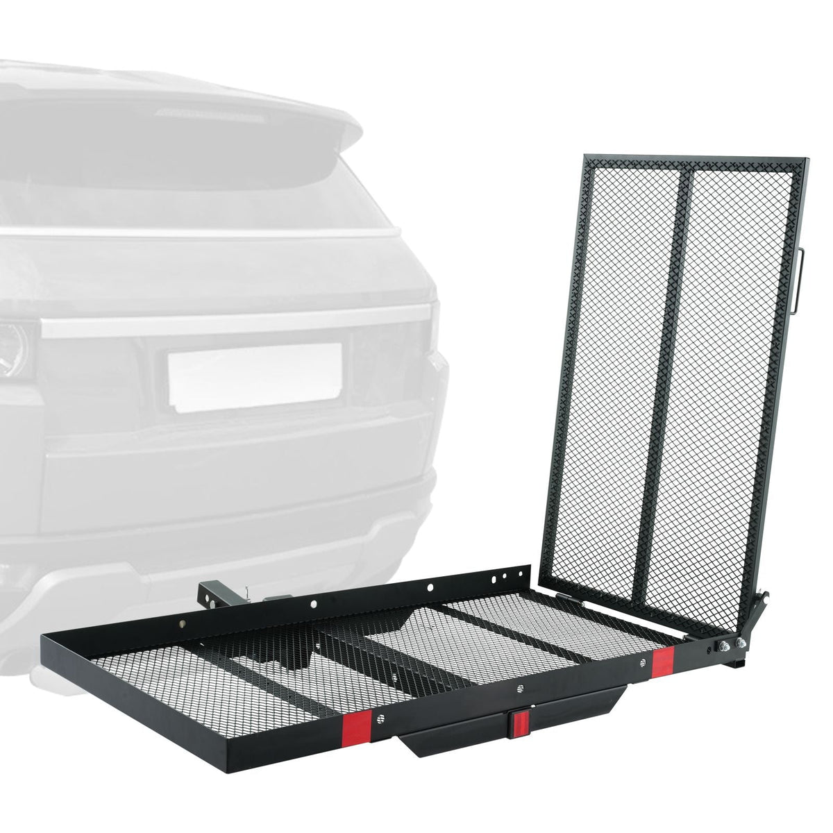 Hitch Mount Cargo Carrier, 45.3" x 25.6" Iron Hitch Cargo Rack with Folding Ramp, Hitch Rack Basket with Stabilizer and Straps, 500LBS Mobility Scooter Carrier Fit 2" Hitch Receiver