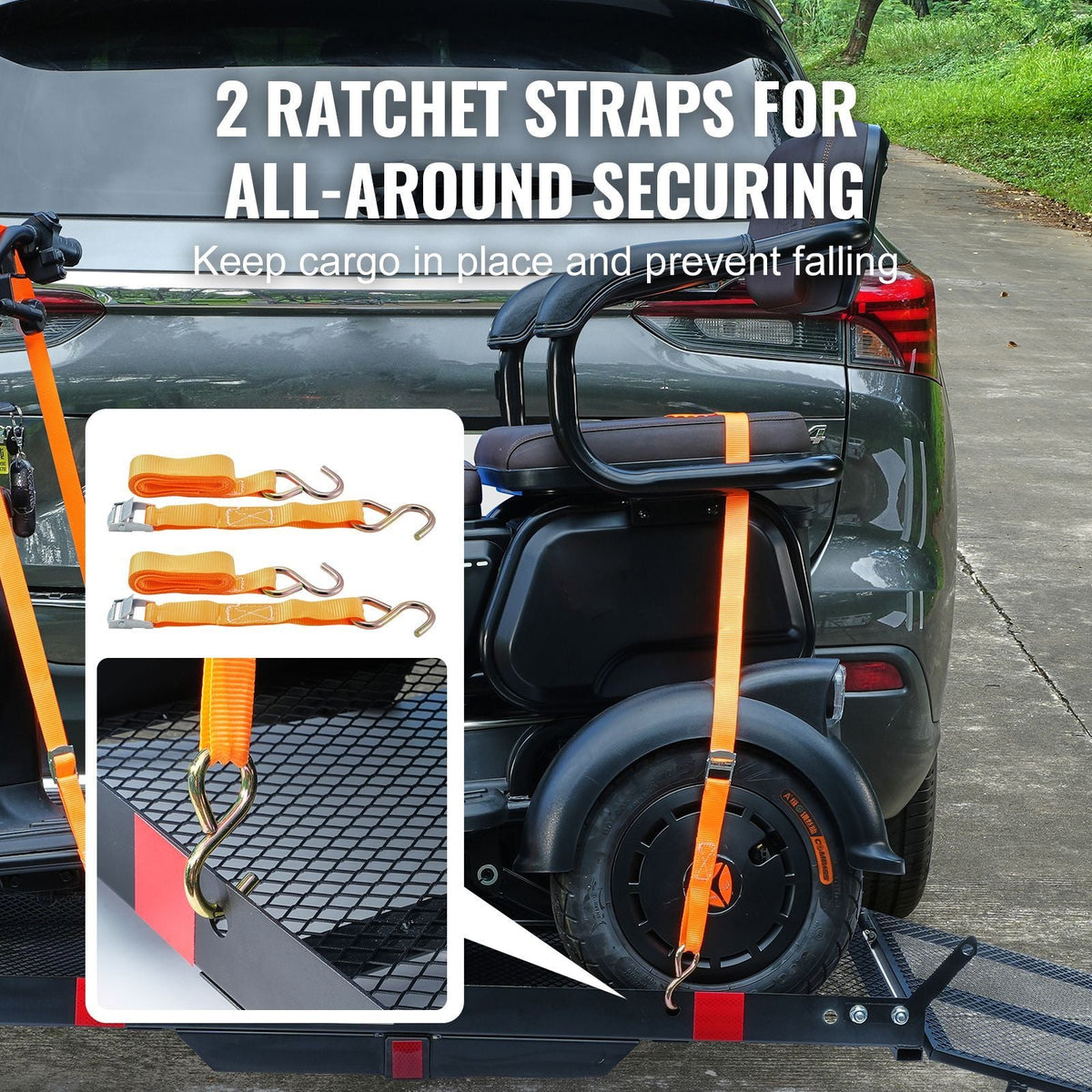 Hitch Mount Cargo Carrier, 45.3" x 25.6" Iron Hitch Cargo Rack with Folding Ramp, Hitch Rack Basket with Stabilizer and Straps, 500LBS Mobility Scooter Carrier Fit 2" Hitch Receiver