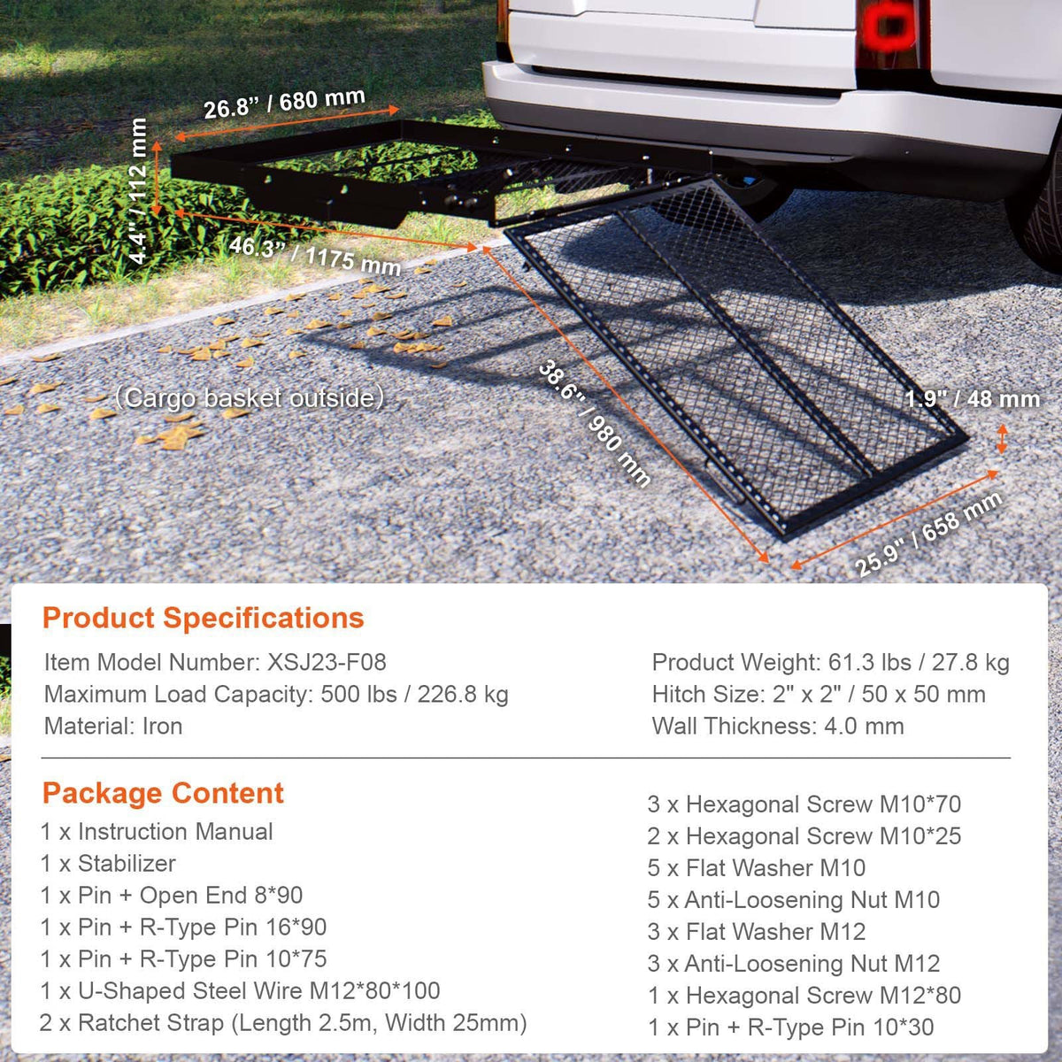 Hitch Mount Cargo Carrier, 45.3" x 25.6" Iron Hitch Cargo Rack with Folding Ramp, Hitch Rack Basket with Stabilizer and Straps, 500LBS Mobility Scooter Carrier Fit 2" Hitch Receiver