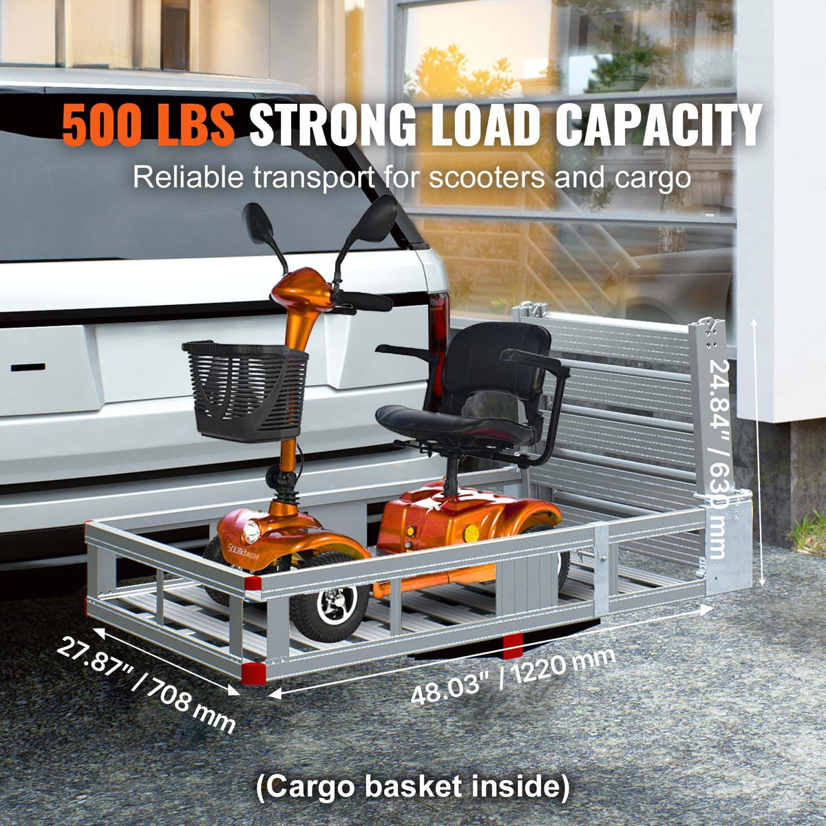 Hitch Mount Cargo Carrier, 48.03" x 27.87" Aluminum Hitch Cargo Rack with Folding Ramp, Hitch Rack Basket with Stabilizer and Straps, 500LBS Mobility Scooter Carrier Fit 2" Hitch Receiver