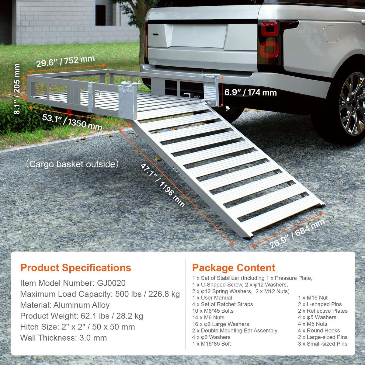 Hitch Mount Cargo Carrier, 48.03" x 27.87" Aluminum Hitch Cargo Rack with Folding Ramp, Hitch Rack Basket with Stabilizer and Straps, 500LBS Mobility Scooter Carrier Fit 2" Hitch Receiver