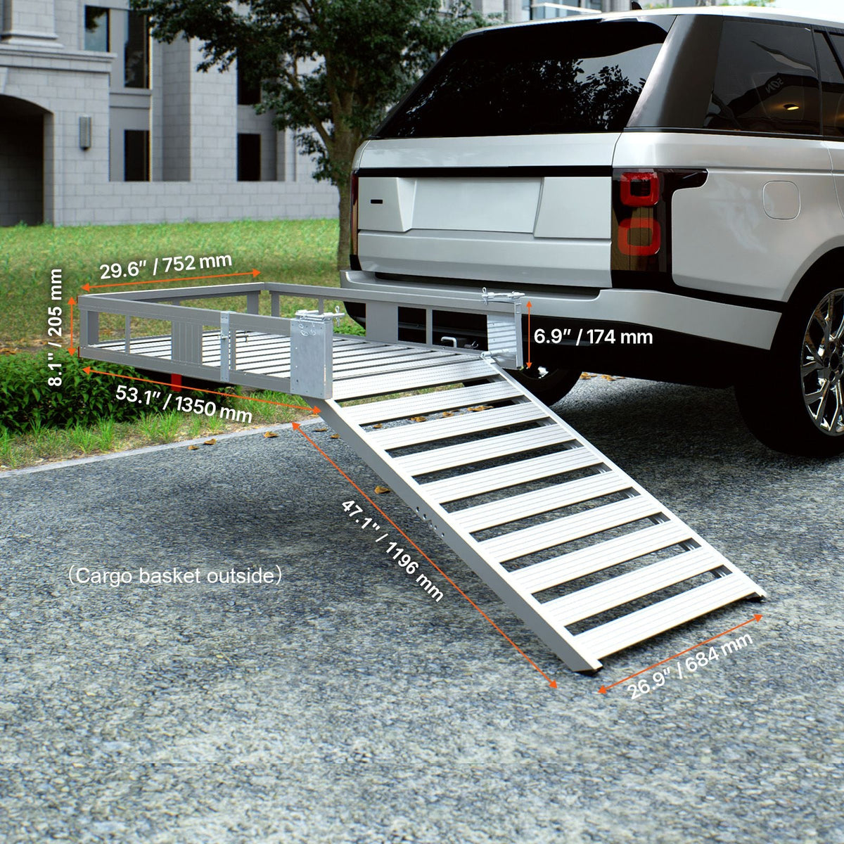 Hitch Mount Cargo Carrier, 48.03" x 27.87" Aluminum Hitch Cargo Rack with Folding Ramp, Hitch Rack Basket with Stabilizer and Straps, 500LBS Mobility Scooter Carrier Fit 2" Hitch Receiver