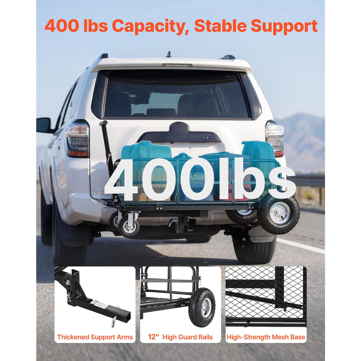 Hitch Mount Cargo Carrier on Wheels, 36.2" x 21.3" x 11.8", 2-in-1 Folding Rear Luggage Rack Basket & Cargo Cart with Hitch Stabilizer, Fits 2" Receiver for SUV Pickups, 400LBS Load Capacity