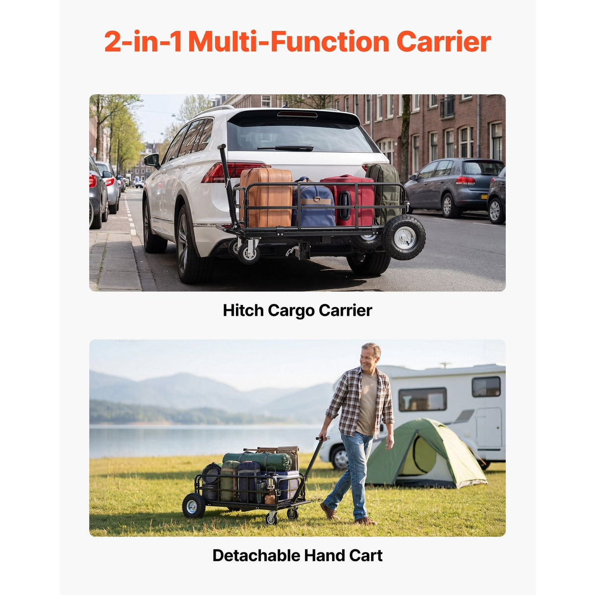 Hitch Mount Cargo Carrier on Wheels, 36.2" x 21.3" x 11.8", 2-in-1 Folding Rear Luggage Rack Basket & Cargo Cart with Hitch Stabilizer, Fits 2" Receiver for SUV Pickups, 400LBS Load Capacity