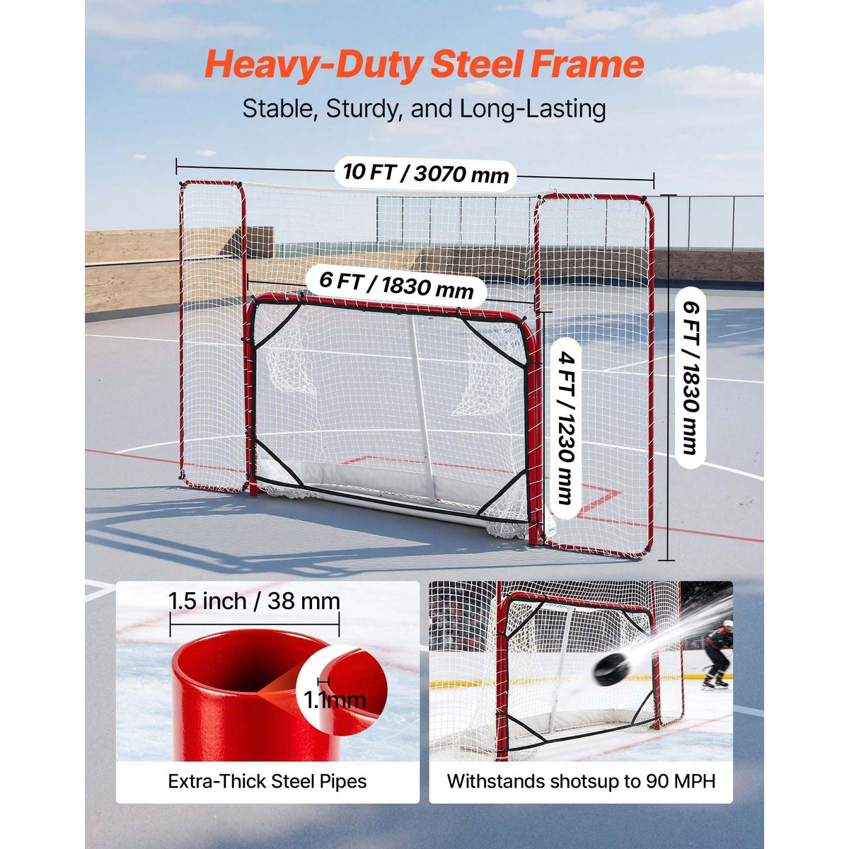 Hockey Goal with Backstop and Targets, 10x6FT Street Steel Hockey Goal Set, Pro Lightweight and Portable Training Equipment, Durable Net for Indoor & Outdoor Use, Easy Assembly, White/Red