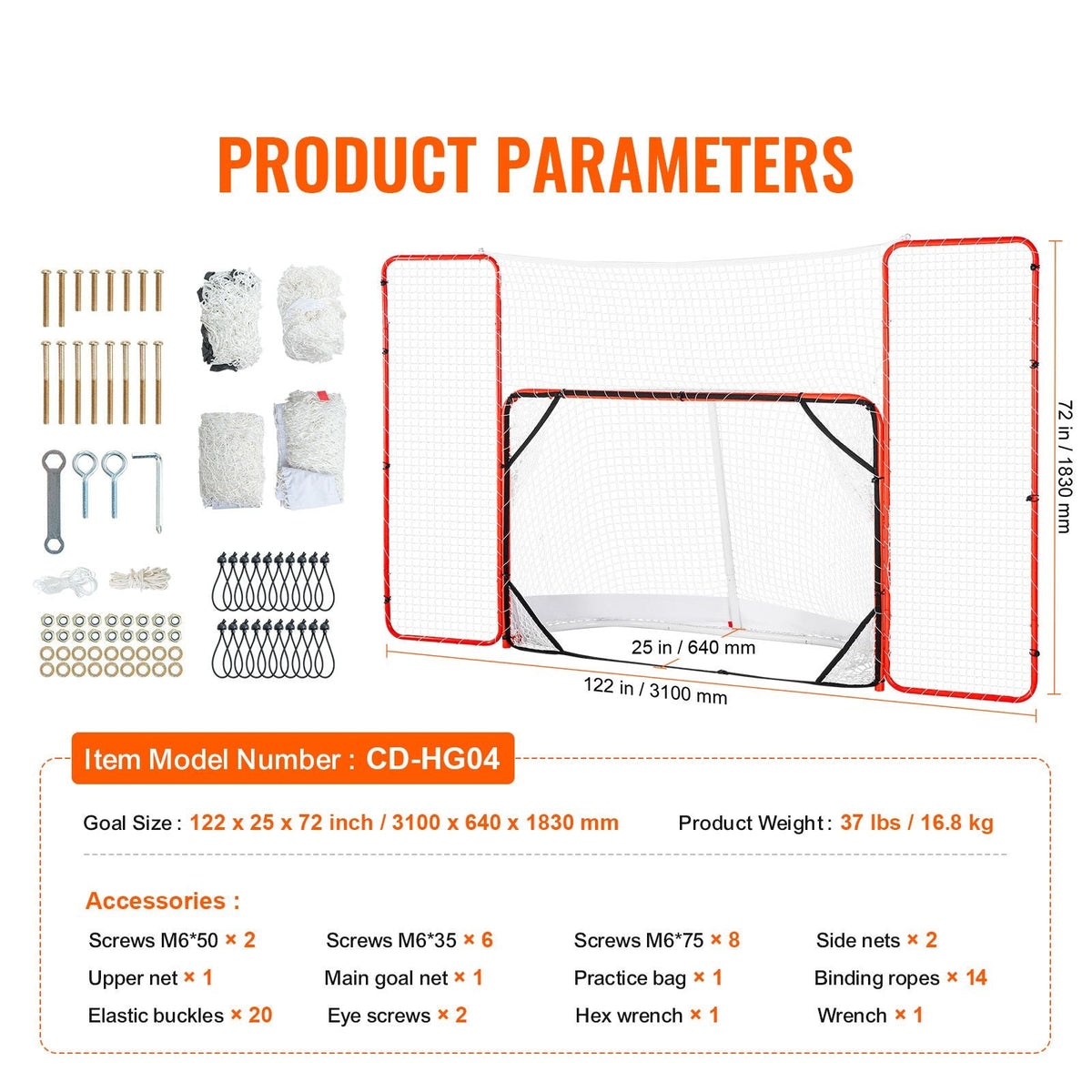Hockey Goal with Backstop and Targets, Street Steel Hockey Net, 72" Pro Hockey Training Goal Set, Portable Indoor Outdoor Hockey Goal with Net, Easy Assemble, White/Red