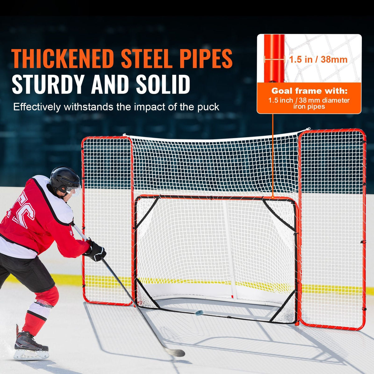 Hockey Goal with Backstop and Targets, Street Steel Hockey Net, 72" Pro Hockey Training Goal Set, Portable Indoor Outdoor Hockey Goal with Net, Easy Assemble, White/Red