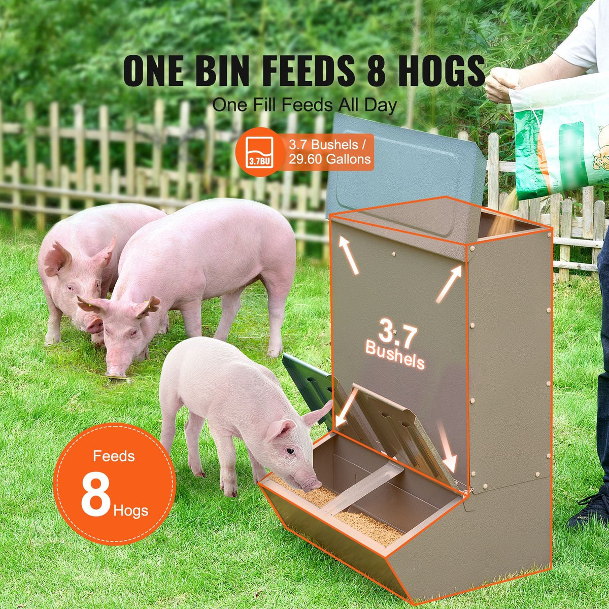 Hog Feeder, 3.7 Bushel Capacity, Double Door Pig Feeder, Heavy Duty Steel Piglets Feeder, Multipurpose Trough Creep Feeder, Outdoor Livestock Feeder Farm Accessory for Feeding up to 8 Hogs
