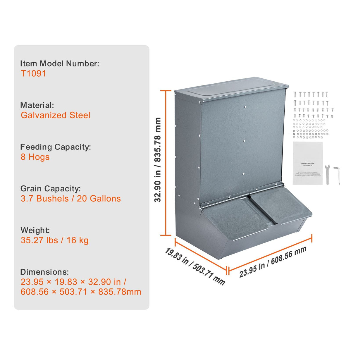 Hog Feeder, 3.7 Bushel Capacity, Double Door Pig Feeder, Heavy Duty Steel Piglets Feeder, Multipurpose Trough Creep Feeder, Outdoor Livestock Feeder Farm Accessory for Feeding up to 8 Hogs