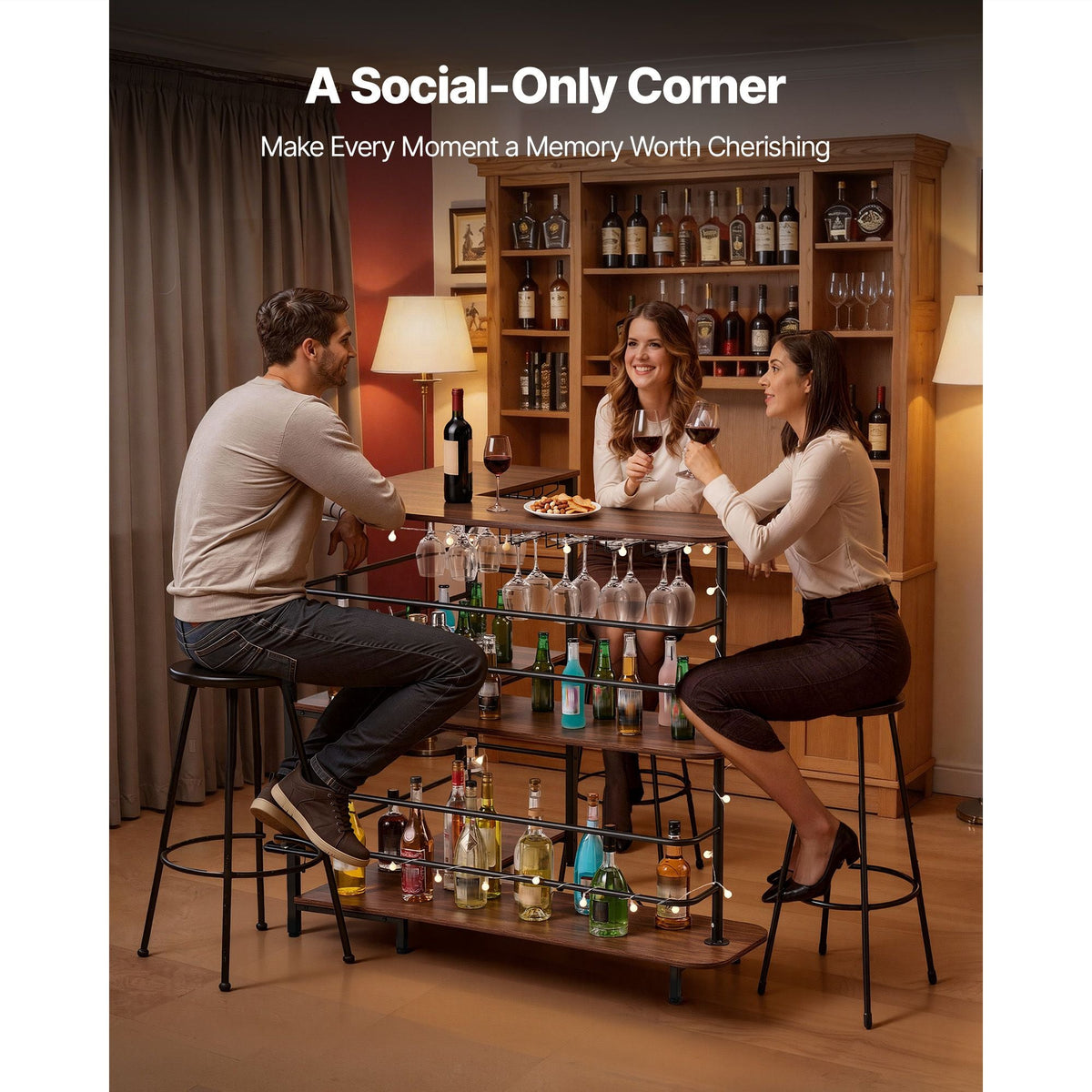 Home Bar Unit, L-Shaped Wine Bar Cabinet Table 3-Tier with Storage Shelves, Adjustable Foot Pads, LED Light, Walnut Finish & Metal Frame Liquor Cabinet for Home, Kitchen,Living Room,Pub,Basement