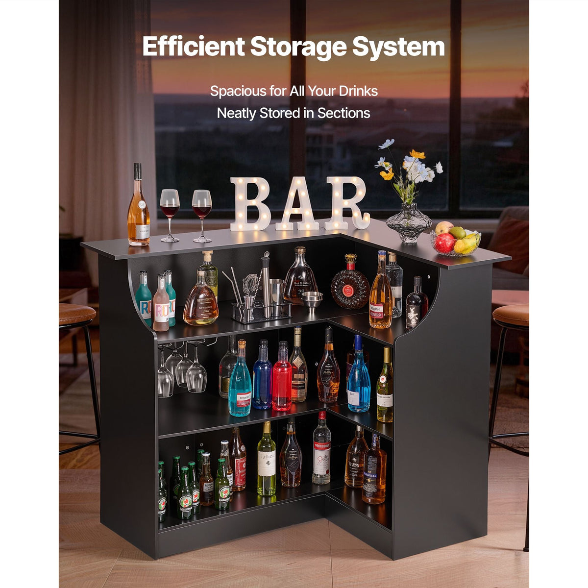 Home Bar Unit, L-Shaped Wine Bar Cabinet Table 4-Tier with Storage Shelves, Wine Glass Holder, 300 lbs Max Capacity, Wood Liquor Cabinet for Home, Kitchen, Living Room, Pub, Basement, Black